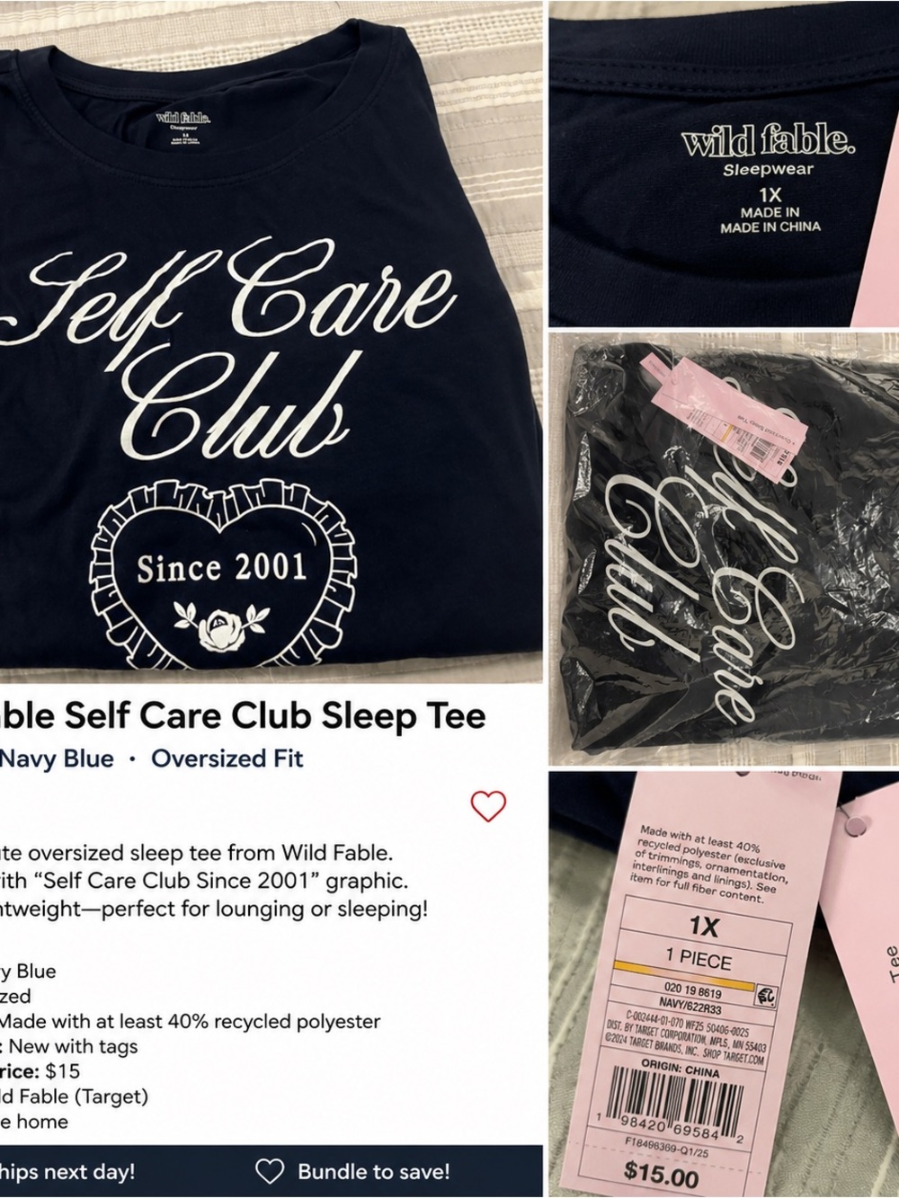 Wild Fable Self Care Club Oversized Sleep Tee 1X Navy Blue NWT